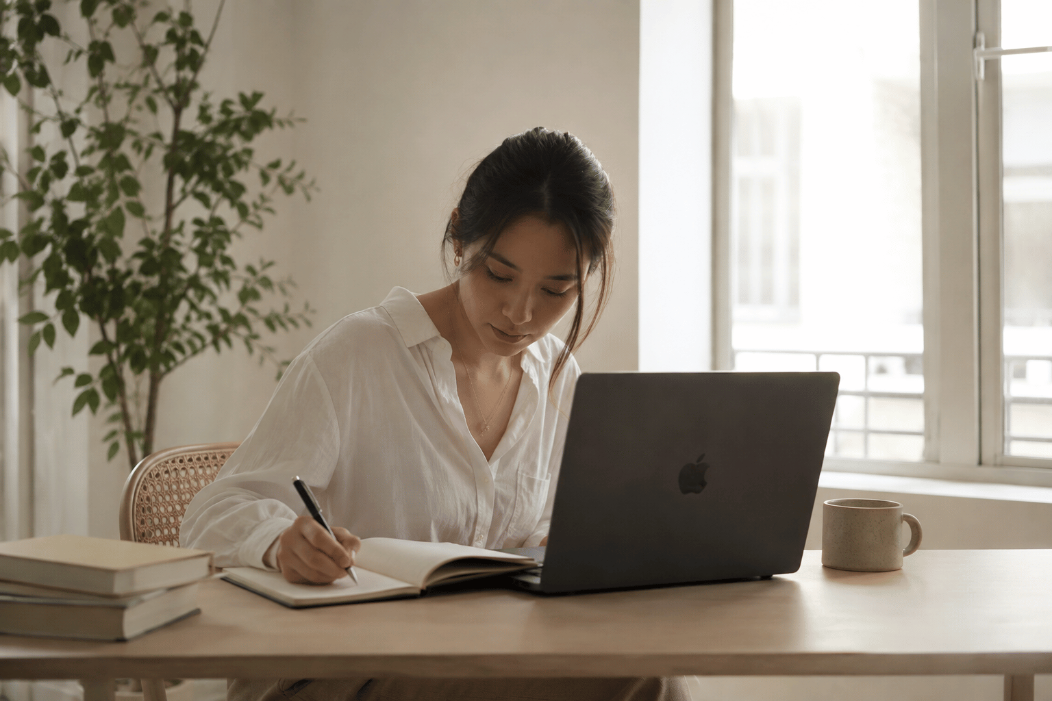A solo founder writing in a notebook while working at her laptop